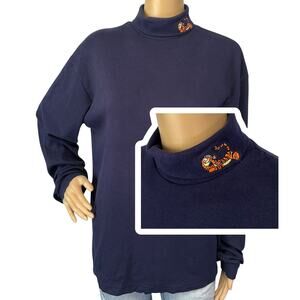 Vintage 90s Disney Store Tigger Turtleneck Top Navy Blue Embroidered Size M